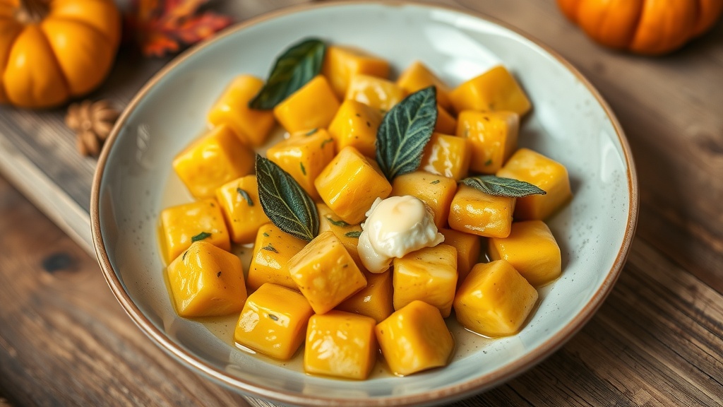 Delicious Pumpkin Gnocchi Recipe A plate of pumpkin gnocchi drizzled with butter, garnished with sage leaves, on a rustic table.